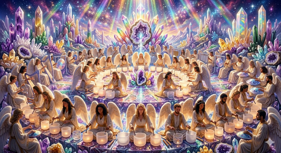 A celestial sound alchemy in the heart of a cosmic crystal realm. Let the high frequencies of light and sound elevate your soul.